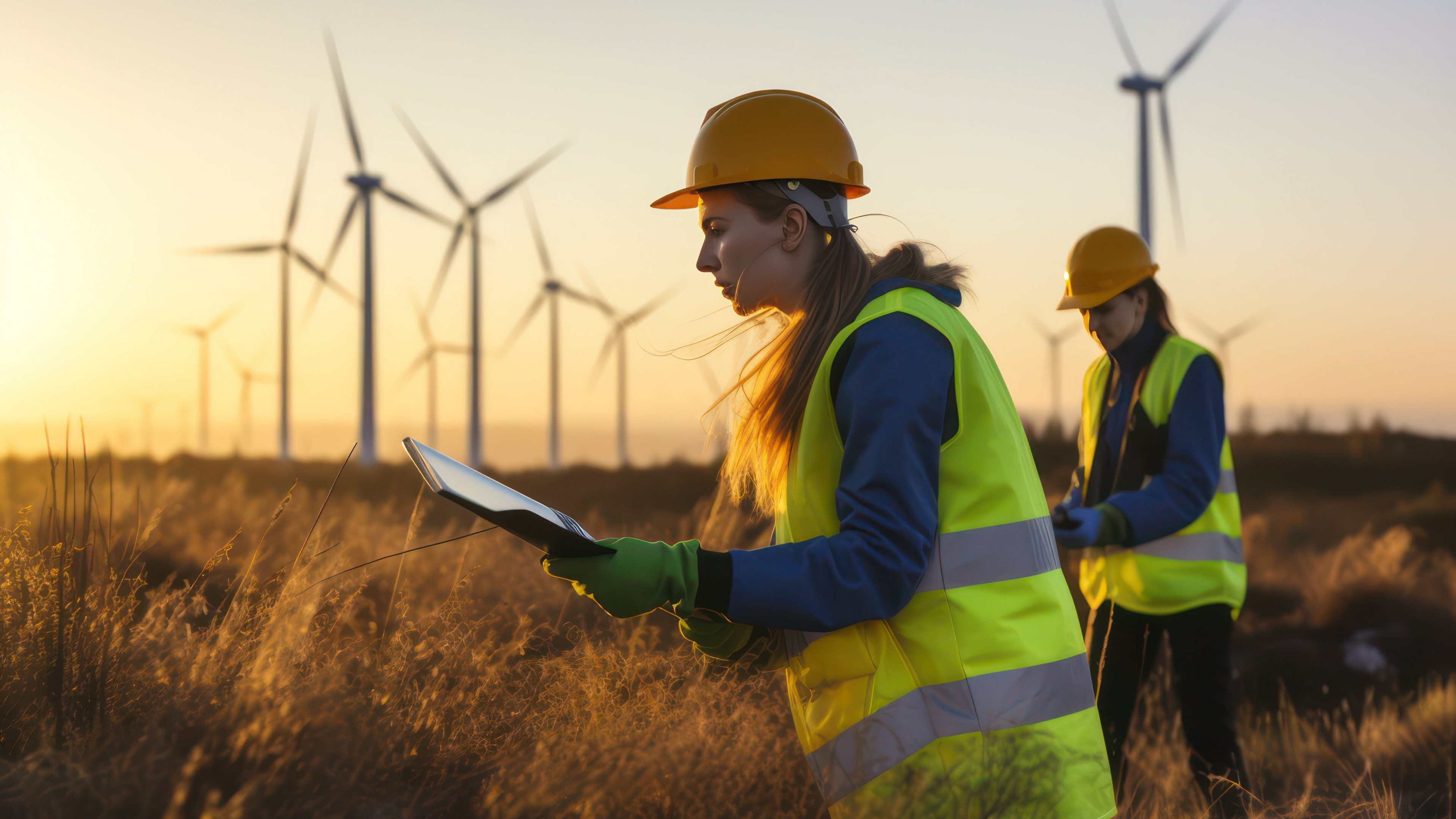 Zwei forschende Ingenieure in einem Windpark