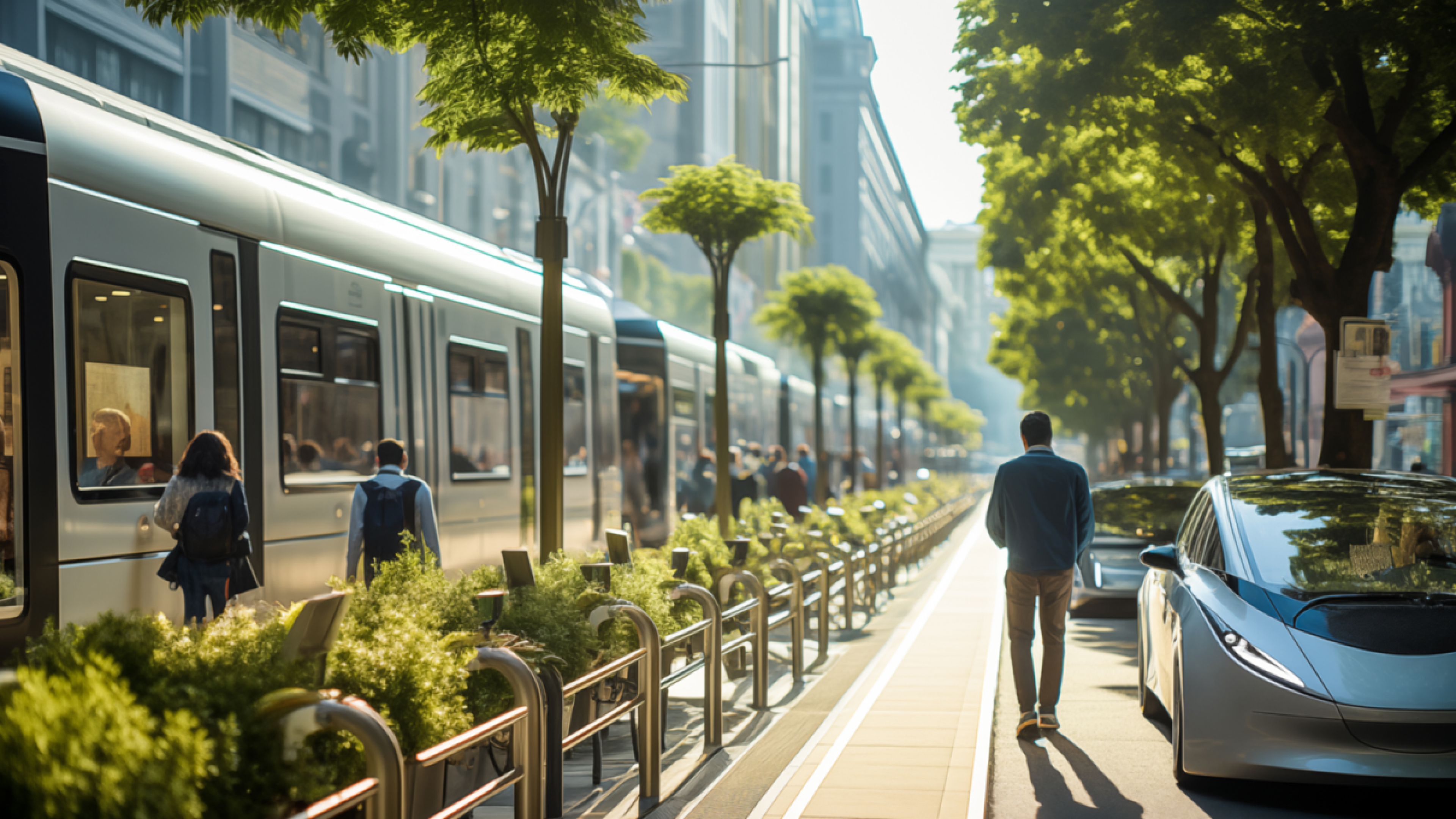 Busy street with modern trams and cars, people walking